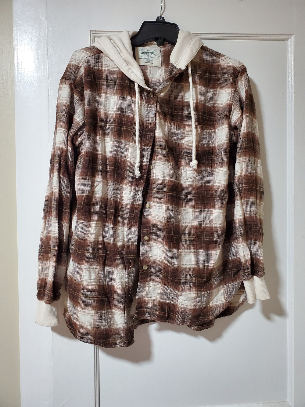 American Eagle Brown & Cream Plaid Hooded Shirt